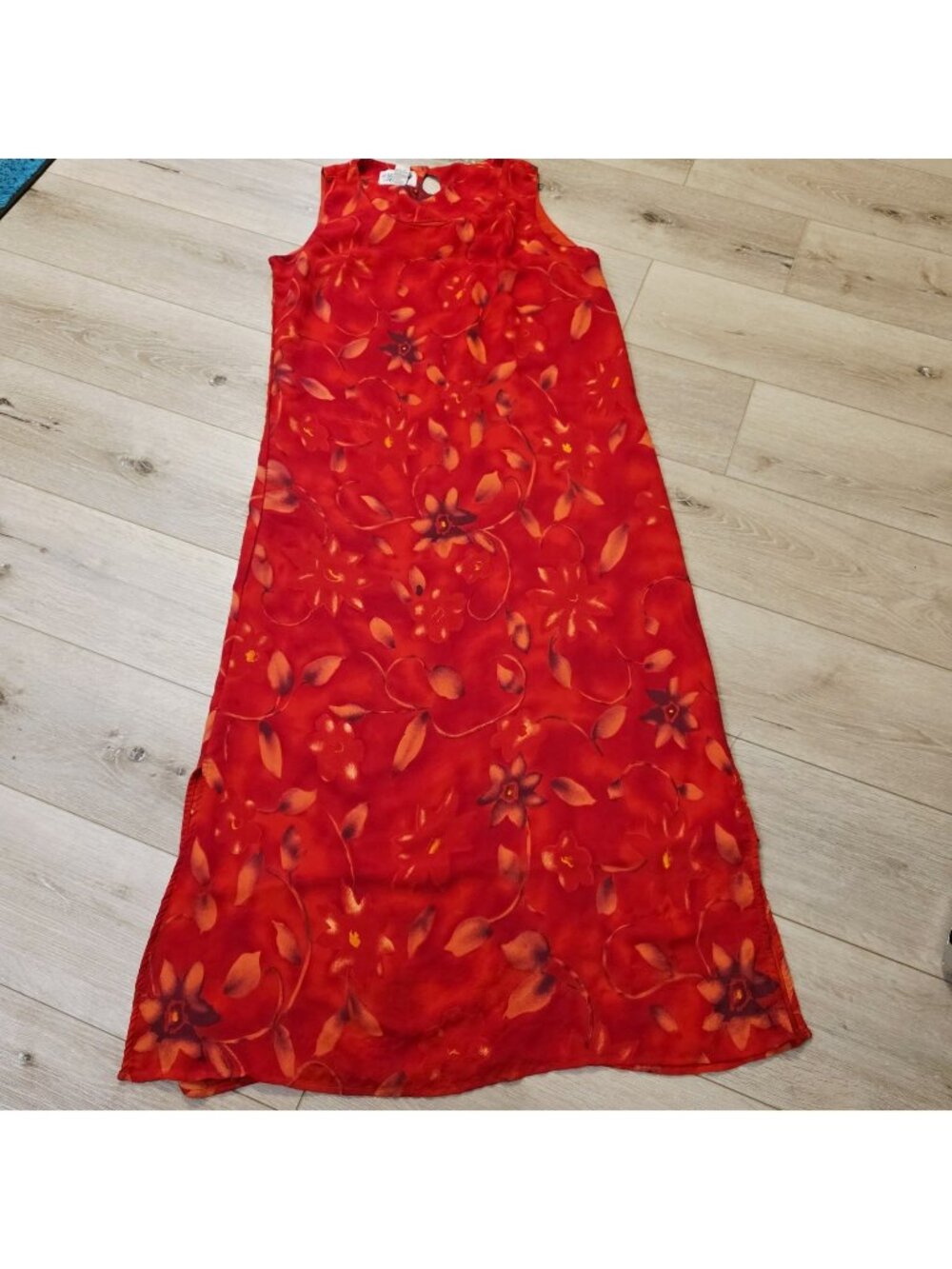 Vtg 90s Core Tropical Retro Boho Floral Red Maxi Sleeveless Summer Slip Dress 14
